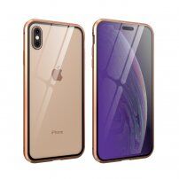 Carcasă cu ramă metalică și sticlă temperată anti-blue-ray pentru față și spate iPhone X / XS - auriu