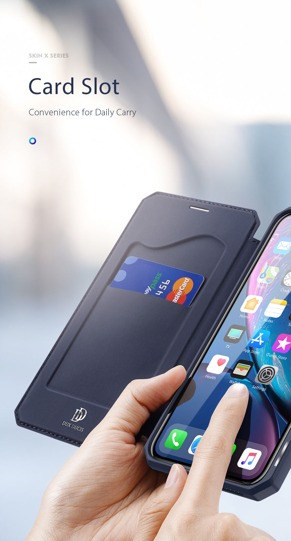 Dux Ducis husă tip portofel pentru cărți de credit pentru iPhone XR - albastru
