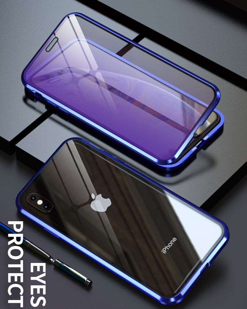 Carcasă cu ramă metalică și sticlă temperată anti-blue-ray pentru față și spate iPhone X / XS - auriu