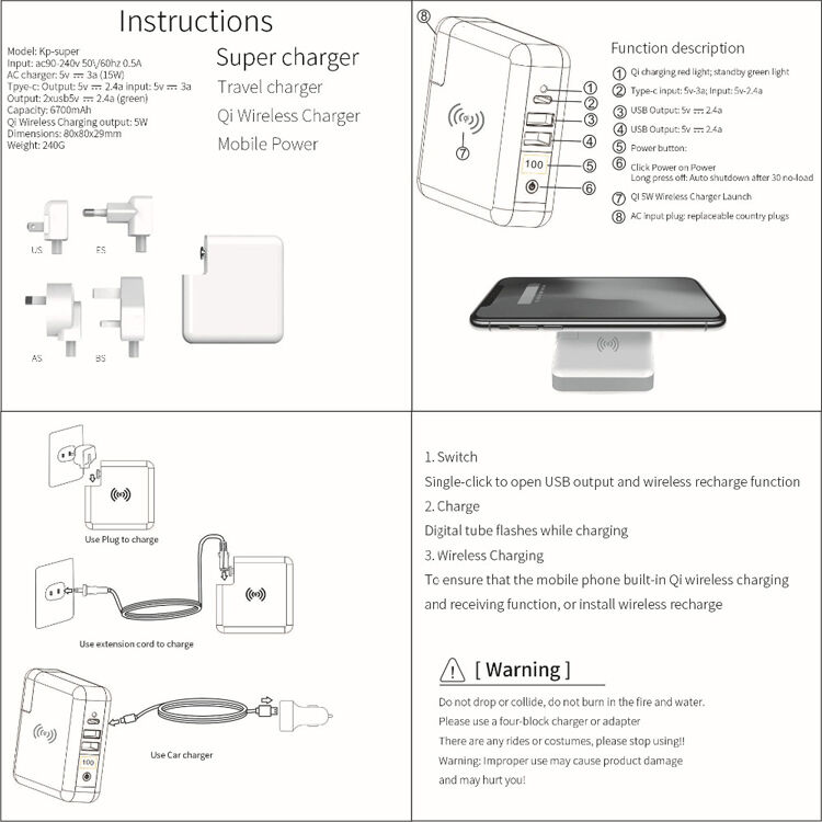 Încărcător / powerbank 6700mAh, cu mufe interschimbabile (AU / UK / US / EU) şi încărcare wireless Încărcător / powerbank 6700mAh, cu mufe interschimbabile (AU / UK / US / EU) şi încărcare wireless