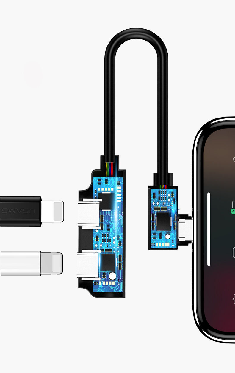 Reducţie USAMS, cu doi conectori lightning, pentru iPhone - negru