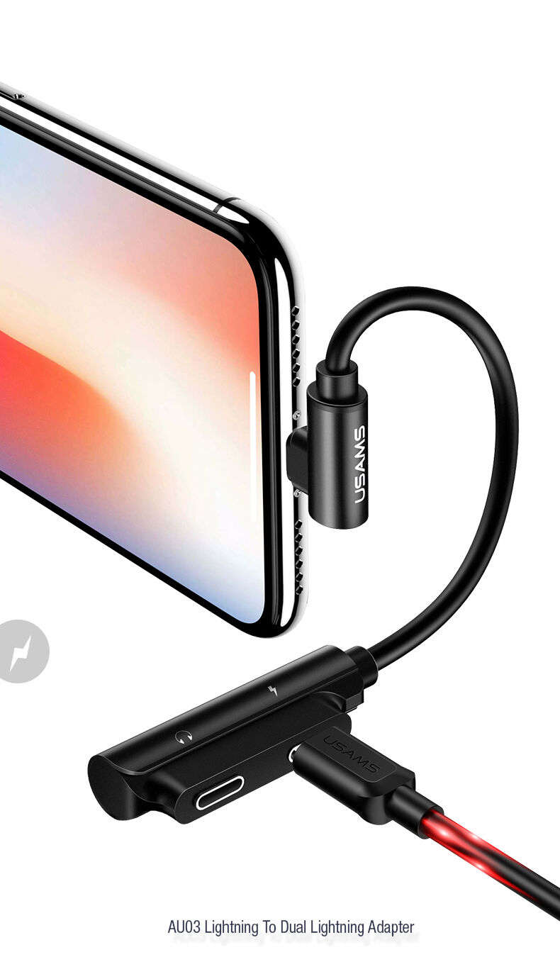 Reducţie USAMS, cu doi conectori lightning, pentru iPhone - negru