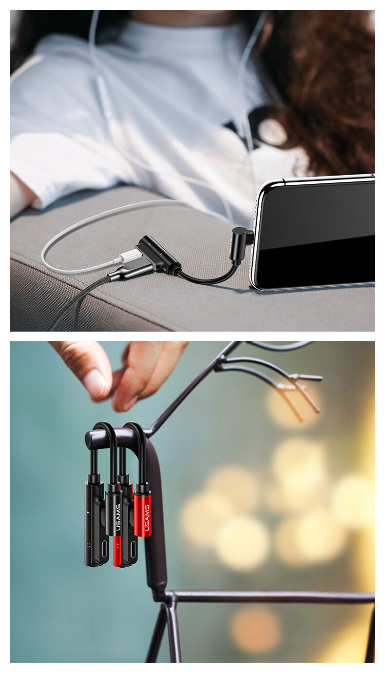 Reducţie USAMS, cu doi conectori lightning, pentru iPhone - negru