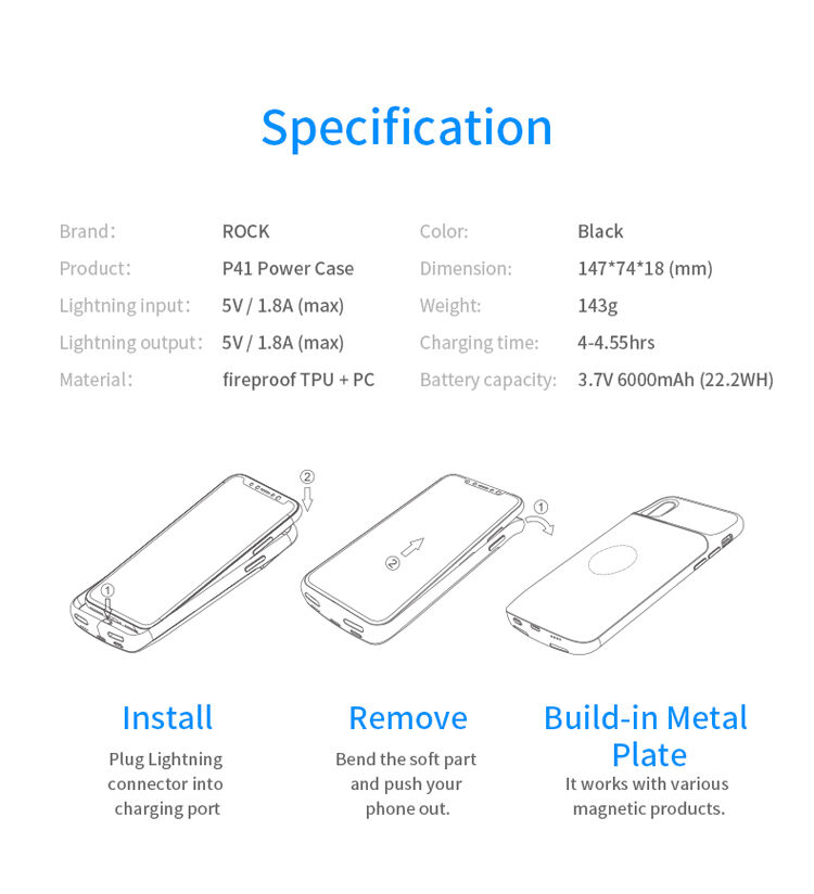 Capac ROCK, cu baterie 6000mAh, pentru iPhone XS / iPhone X - negru