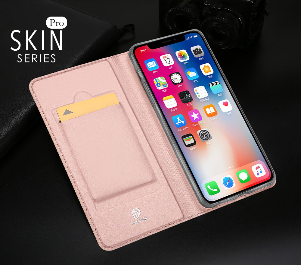 Husă DUX DUCIS, cu suport şi buzunare de acte, pentru Apple iPhone XS / iPhone X - auriu