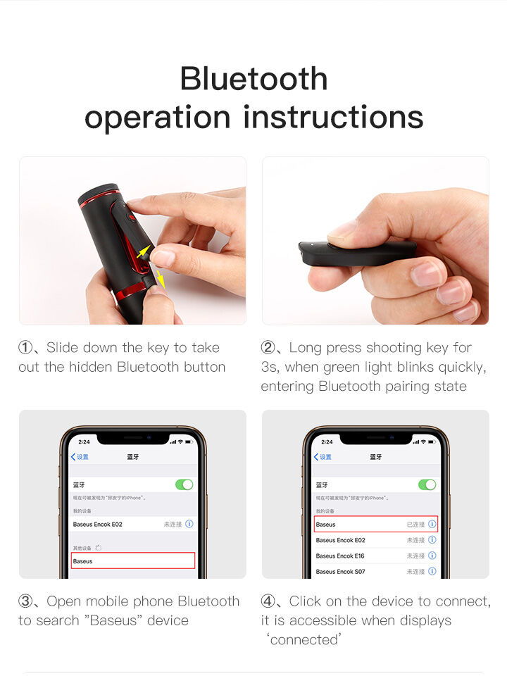 Baseus selfie stick telescopic bluetooth din aluminiu cu trepied - roşu