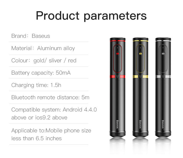 Baseus selfie stick telescopic bluetooth din aluminiu cu trepied - roşu