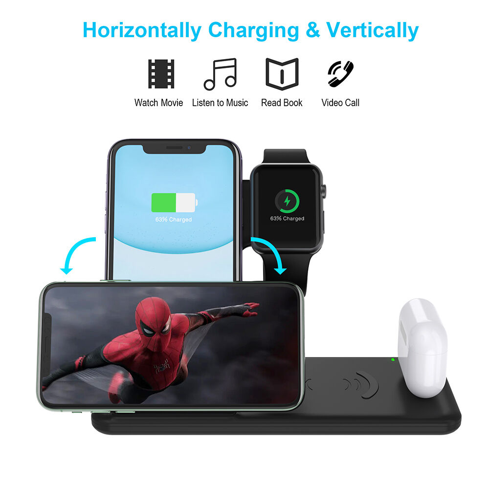 Suport pliabil wireless 4 în 1 Q20 pentru iPhone / Apple Watch / AirPods cu conector Lightning - 15W - alb