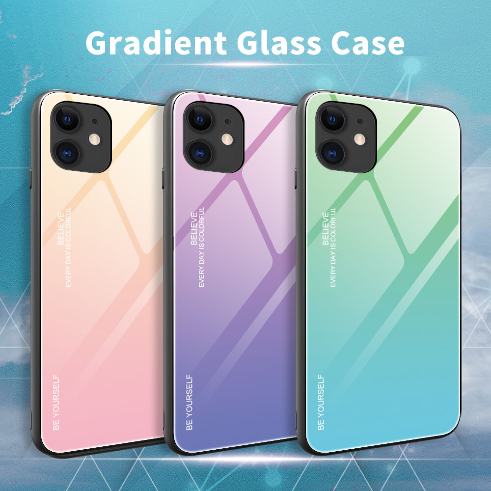 Carcasă cu partea din spate din sticlă pentru iPhone 12 / 12 Pro - roz-albastru