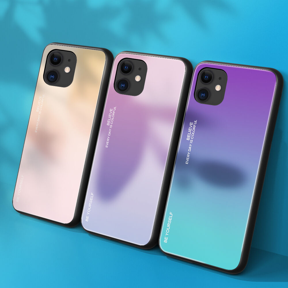 Carcasă cu partea din spate din sticlă pentru iPhone 12 / 12 Pro - roz-albastru Carcasă cu partea din spate din sticlă pentru iPhone 12 / 12 Pro - roz-albastru