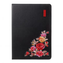 Husă MUTURAL, din piele artificială, cu stativ, pentru iPad 9,7" (2017/2018) / Pro 9,7" / Air 1 / 2 - negru cu broderie