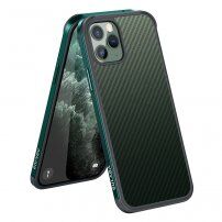 Husă cu textură din fibră de carbon și cadru de protecție pentru iPhone 11 Pro - verde închis
