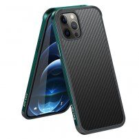 Husă cu textură din fibră de carbon și cadru de protecție pentru iPhone 12 mini - verde închis