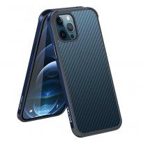 Husă cu textură din fibră de carbon și cadru de protecție pentru iPhone 12 mini - albastru închis