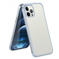Husă cu textură din fibră de carbon și cadru de protecție pentru iPhone 12 / 12 Pro - argintiu