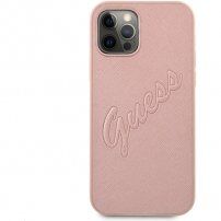 Guess Saffiano Vintage Script husă pentru iPhone 12 Pro Max - roz-auriu