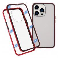 Husă pentru întreg telefon din sticlă temperată și cadru din metal pentru iPhone 13 Pro Max - roșu