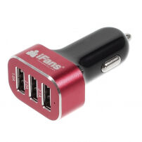 Încărcător auto performant (5.1A) iFans, cu trei porturi USB, pentru Apple iPhone / iPad / iPod - negru-roşu