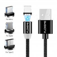 Cablu magnetic FLOVEME Round, USB-A / USB-C / Micro USB / Lightning pentru iPhone / iPad / iPod / AirPods - 1 m - negru