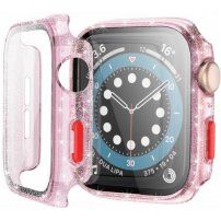 Carcasă de protecție sclipitoare cu sticlă securizată pentru Apple Watch 44mm - roz