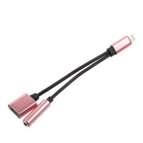Reducţie de la conector lightning, pentru audiţie muzicală şi încărcare simultană pentru iPhone - roz-auriu