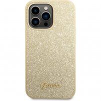 Guess Glitter Flakes Metal Logo husă cu sclipici pentru iPhone 14 Pro Max - auriu