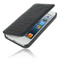 Husă flip de lux, cu textură împletită, pentru Apple iPhone 5 / 5S / SE (2016) - negru