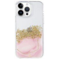 Husă transparentă din marmură cu pietricele pentru iPhone 13 Pro Max - roz