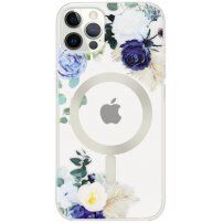 Husă transparentă mată florală cu MagSafe pentru iPhone 11 Pro Max - albastru