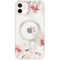 Husă transparentă mată florală cu MagSafe pentru iPhone 12 / 12 Pro - roz