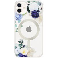 Husă transparentă mată florală cu MagSafe pentru iPhone 12 / 12 Pro - albastru