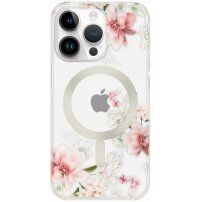 Husă transparentă mată florală cu MagSafe pentru iPhone 13 Pro - roz