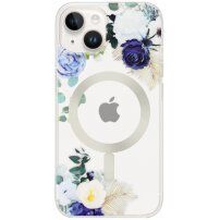Husă transparentă mată florală cu MagSafe pentru iPhone 14 Plus - albastru