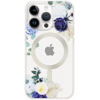 Husă transparentă mată florală cu MagSafe pentru iPhone 14 Pro - albastru