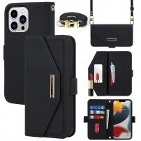 Carcasă flip cu chingă în stilul unei agende pentru iPhone 13 Pro Max - negru