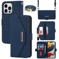 Carcasă flip cu chingă în stilul unei agende pentru iPhone 14 Pro - albastru