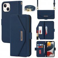 Carcasă flip cu chingă în stilul unei agende pentru iPhone 13 mini - albastru