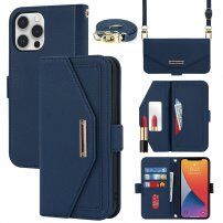 Carcasă flip cu chingă în stilul unei agende pentru iPhone 12 Pro Max - albastru