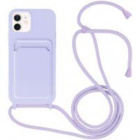 Husă din silicon cu șnur și buzunar de carduri pentru iPhone 12 / 12 Pro - violet