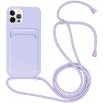 Husă din silicon cu șnur și buzunar de carduri pentru iPhone 12 Pro Max - violet