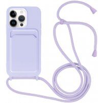 Husă din silicon cu șnur și buzunar de carduri pentru iPhone 13 Pro Max - violet