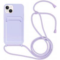 Husă din silicon cu șnur și buzunar de carduri pentru iPhone 14 Plus - violet