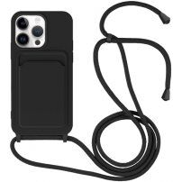 Husă din silicon cu șnur și buzunar de carduri pentru iPhone 14 Pro - negru