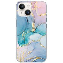 Husă din marmură lucioasă pentru iPhone 14 - albastru-roz