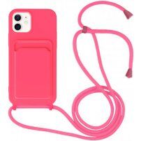 Husă din silicon cu șnur și buzunar de carduri pentru iPhone 11 - roz neon