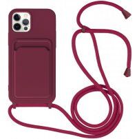 Husă din silicon cu șnur și buzunar de carduri pentru iPhone 11 Pro - vișiniu