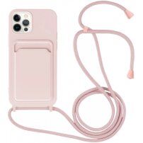 Husă din silicon cu șnur și buzunar de carduri pentru iPhone 11 Pro Max - roz