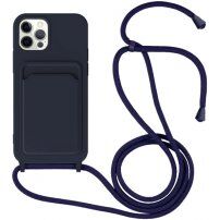 Husă din silicon cu șnur și buzunar de carduri pentru iPhone 11 Pro Max - albastru închis