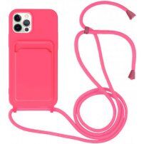 Husă din silicon cu șnur și buzunar de carduri pentru iPhone 11 Pro Max - roz neon