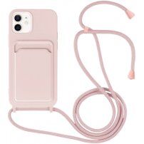 Husă din silicon cu șnur și buzunar de carduri pentru iPhone 12 / 12 Pro - roz